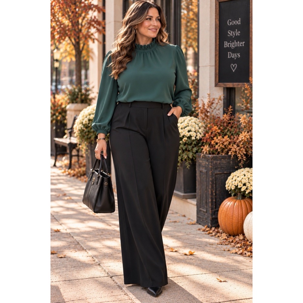 J.Crew Women XL Teal Green Ruffle Neck Blouse Long Sleeve Career Top EE56